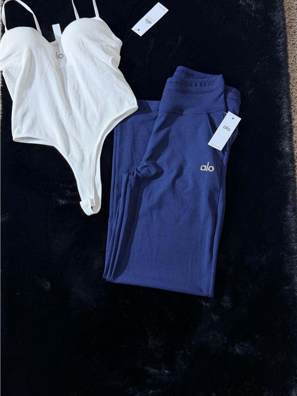 ALO Yoga White Ribbed Bodysuit with Navy Accents - Picture 2 of 2